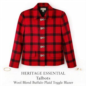 Talbots Wool Blend Red & Black Buffalo Plaid Blazer Silver Toggle Buttons 2P